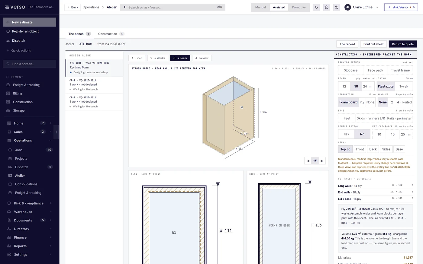 Logistics ERP — the Verso panel open beside Quotations, a real screen capture